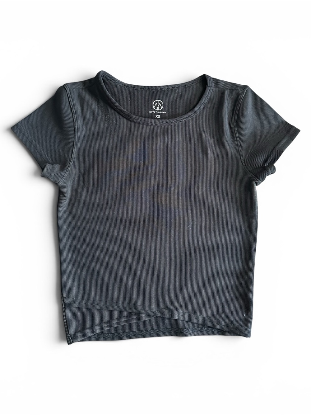 Move Theology Ribbed Black Active Crop Top Women's XS Short Sleeve Stretch Tee